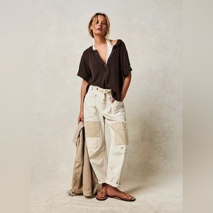 Free People White and Tan Moxie Barrel Women Jeans